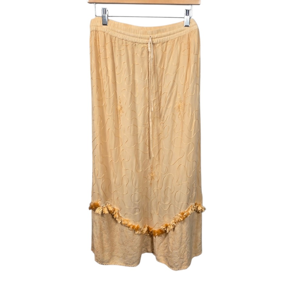 Boho Maxi Skirt Womens 1X Yellow Embroidered Tassel Rayon‎ Cottagecore Peasant